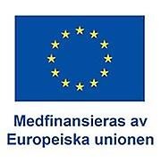 Blå EU-flagga till vänster och under en vit ruta med blå text: Finansieras av Europeiska unionen.